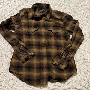 Filson Plaid Button-Down Western Shirt in Brown and Black XS